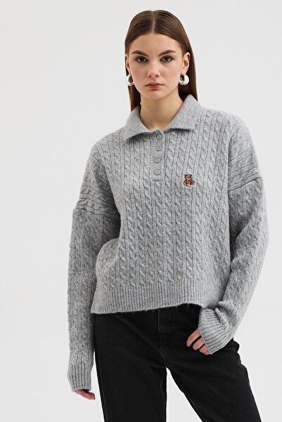 Lijuri Teddy bear embroidered polo collar knitted sweater 1388