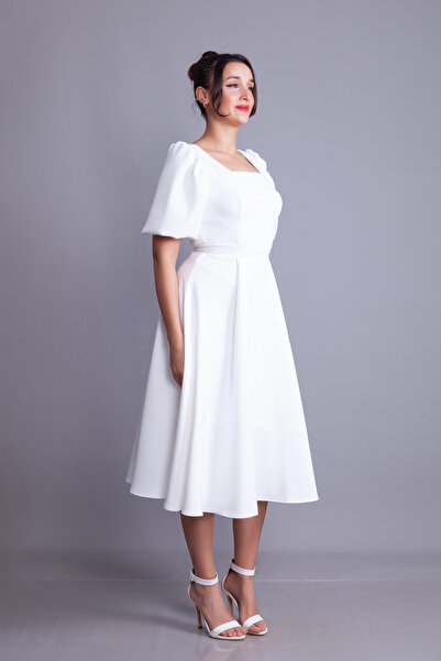 Bidoluelbise فستان سهرة أبيض بياقة مربعة وأكمام بالون بطول متوسط