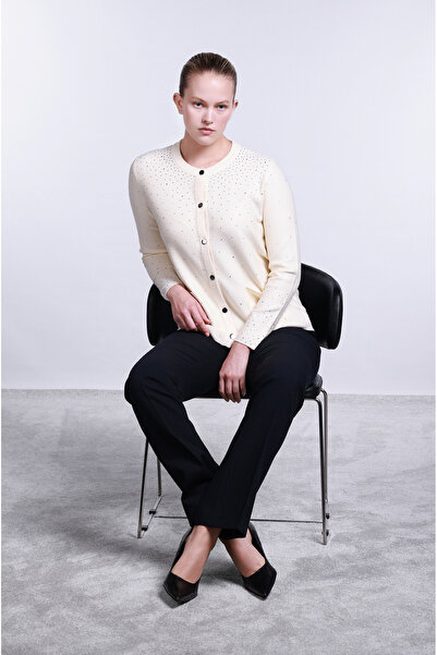 Sempre Women's Stone Decorated Cardigan with Bag Pockets 2700 Ivory