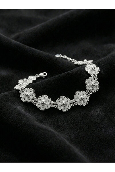 Erdobia 925 Ayar Geleneksel Telkari El İşi Çiçek Motifli Sıralı Gümüş Bilekli...