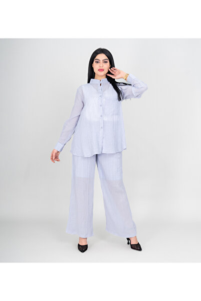 IKKXA Modern Two-Piece Outfit Soild Shirt and Pants Sheer Fabric