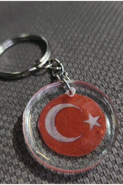 Epoksi Türk Bayrağı Görselli, Çelik Zincirli Anahtarlık