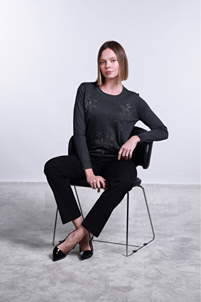 Sempre Women's Crew Neck Sequin Embroidered Wool Sweater 2765 Dark Gray