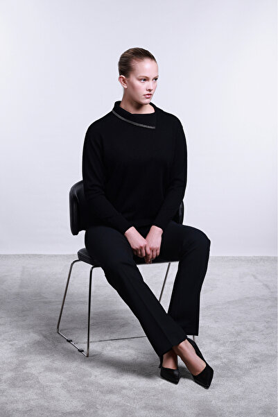 Sempre Women's Collar Detailed Long Sleeve Wool Sweater 2781 Black