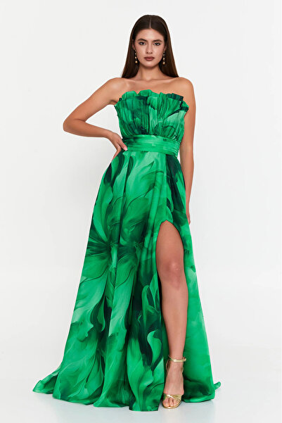 ŞEREF VURAL Women's Floral Pattern Strapless Chiffon Long Evening Dress 8390 ...