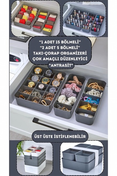 Evalins 3’lü Bölmeli Makyaj ve Takı Organizer Seti - 1 Adet 15 Gözlü ve 2 Ade...