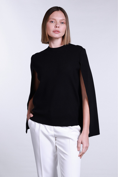 Sempre Women's Crew Neck Cape Detailed Sweater 2775 Black
