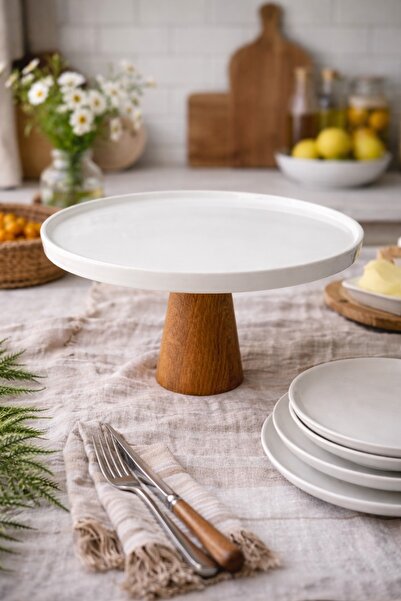 Evila Ahşap Ayaklı Porselen Sunumluk – Meyvelik, Peynir Tabağı ve Servis Stan...