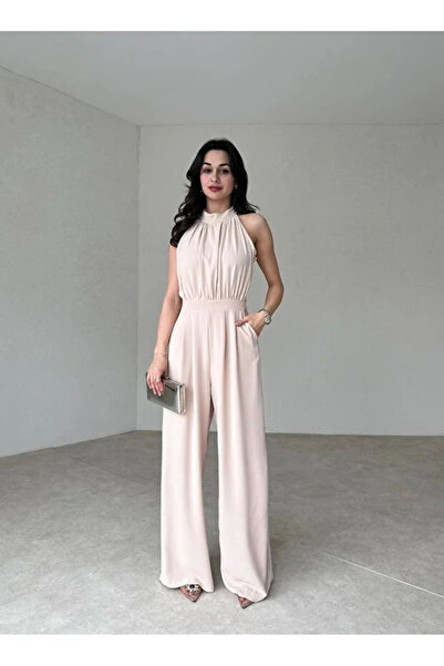 hillone Halter Yaka Kolsuz Krep Tulum Ekru