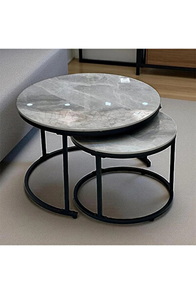 VALUE Round coffee table set with decorative marble design (2 pieces).