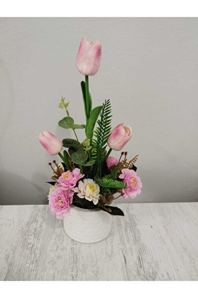 SAKLI ATÖLYEM Lale ve Şakayık Yapay Çiçek Aranjmanı – Mermertozundan Vazo