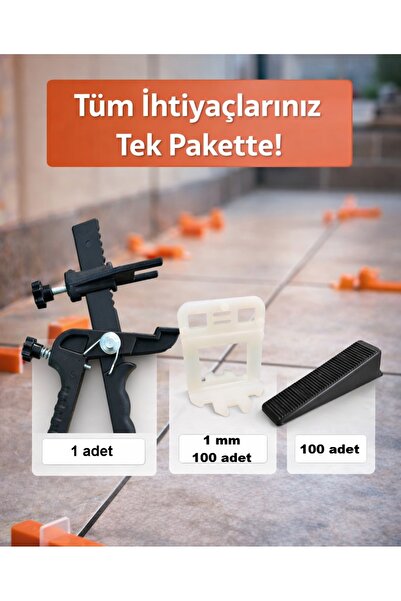 tabis Derz Klipsi Seti 100 Klips 1mm + 100 Takoz + Pense | Fayans Seramik Sev...