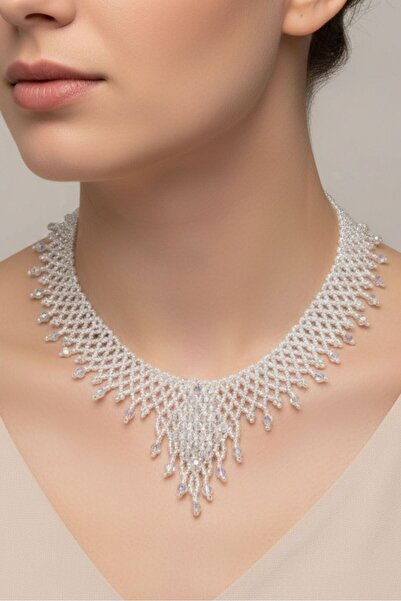Uretti - Hülya 6683 2804 Handmade White Crystal Bead Knitted Necklace