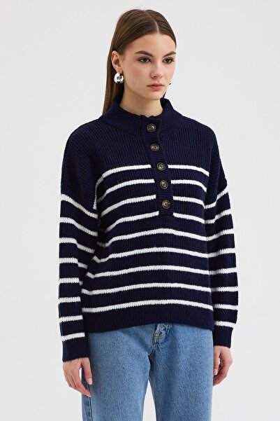 Lijuri Mock Neck Knitwear Sweater with Stripe and Button Detail 1393