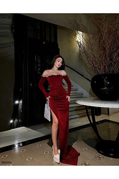 Modafeminen Flowers Esnek Kumaş Straplesz Yaka Omuz Taş İşlemeli Yırtmaçlı Ab...