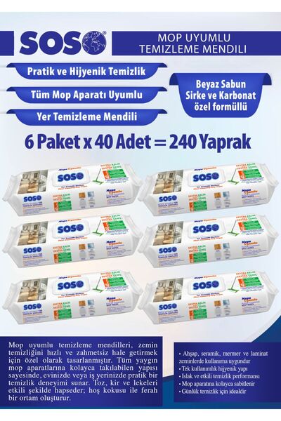 6 x 40 Yaprak – SOSO Mop Yüzey Temizleme Mendili - 4 XL Mop Uyumlu Mendil