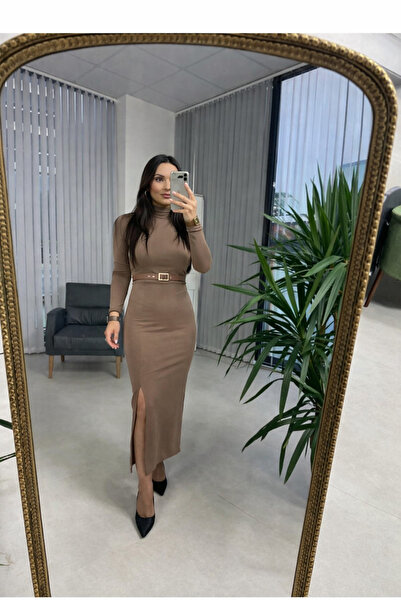 LACASE Gold kare tokalı bordo kalem elbise