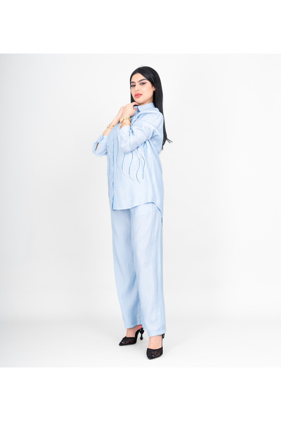 IKKXA Modern Two-Piece Outfit Shirt and Pants Wavy Crystal Details