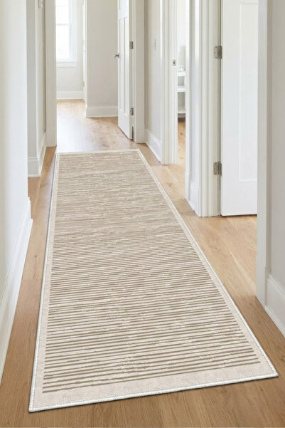 CENTER AVM Bej Halı Yolluk Makinede Yıkanabilir Halı Kaymaz Taban Halı