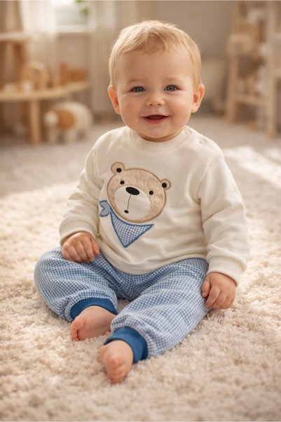 Bebişto Baby Tracksuit Set with Teddy Bear Figure and Scarf Detail, 100% Cotton, Navy Blue, Set of 2