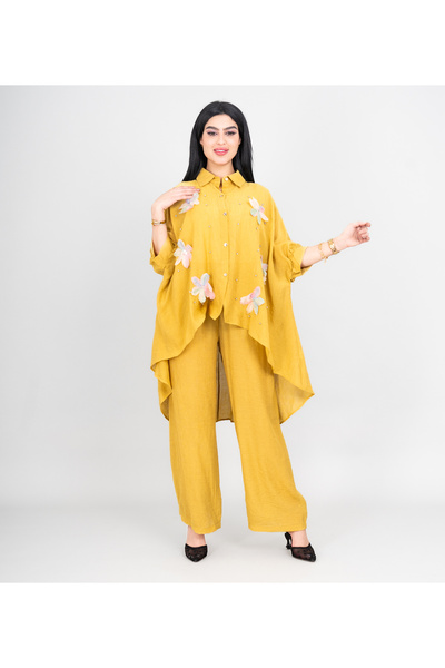 IKKXA Modern Two-Piece Outfit Oversize Shirt and Pants Crystal Embroidery Det...