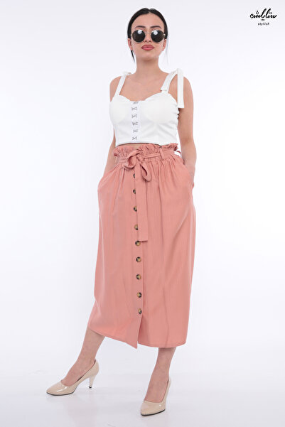 Stylish High-waisted in a powder color, adorned with soft pleats and front bu...
