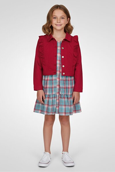 NANETTE LEPORE Kids Girl 2 Pieces Plaid Dress With Denim Jacket, Multicolor