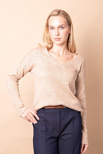 Jument Women's Knitwear V-Neck Long Sleeve Slit Sweater Blouse-Beige