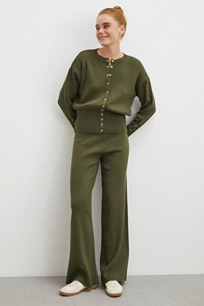 TrendParis Ribbed Double Knitwear Set with Sleeve and Front Button Detail