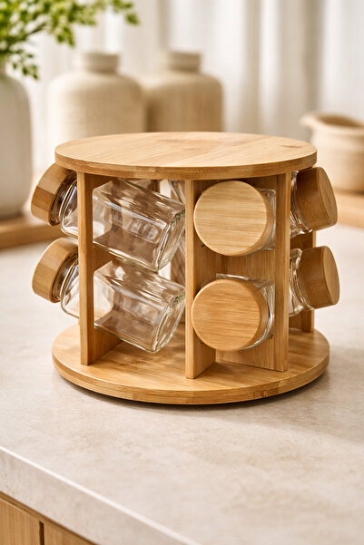 DİVAYS Bambu Standlı 8’li Cam Baharatlık Seti | Döner Stand | Şık ve Doğal Mu...