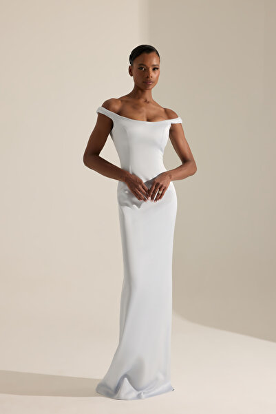 BETTY & SAM Marsala Açık Mavi Saten Gece Elbisesi