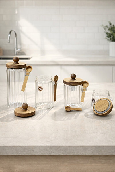 Kitchen Way Acacia Spoon Seal Lid Line Pattern Jar Set Spice Container Kw-750...