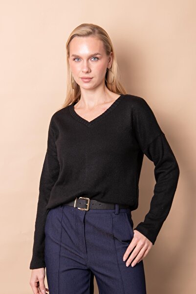 Jument Women's Knitwear V-Neck Long Sleeve Slit Sweater Blouse-Black