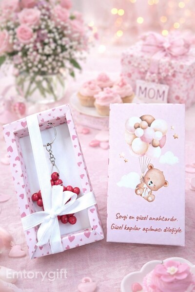 Emtory Home 1 Adet Pembe Ayıcık Kutulu Ahşap Anahtarlık - Beyaz Kurdeleli Mev...