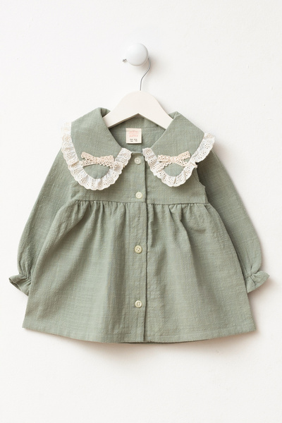Minipodyum Lace Detailed Peter Pan collar Pocket Festive Linen Baby Girl Dress