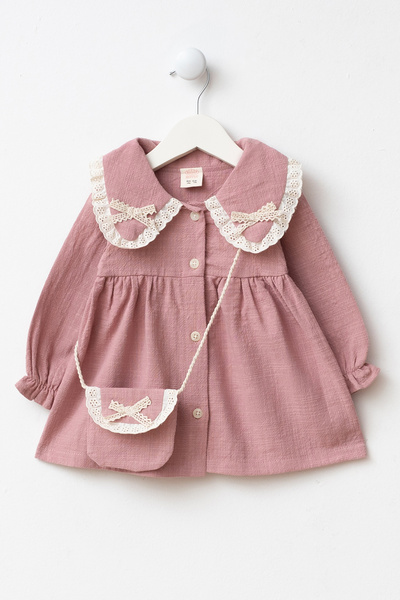 Minipodyum Lace Detailed Peter Pan collar Pocket Festive Linen Baby Girl Dress