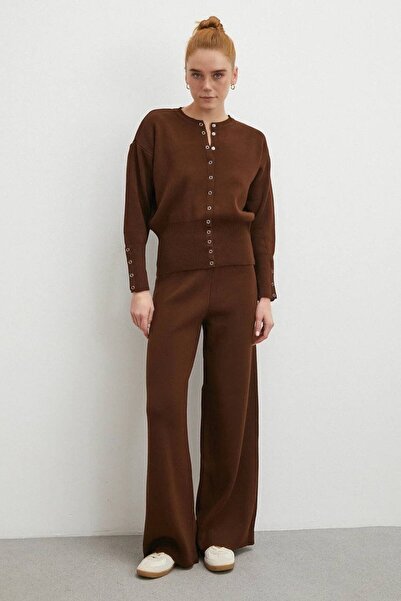 TrendParis Ribbed Double Knitwear Set with Sleeve and Front Button Detail