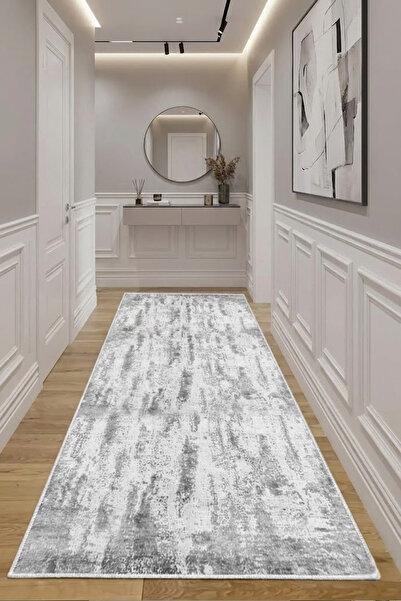 CENTER AVM Gri Halı Yolluk Makinede Yıkanabilir Halı Kaymaz Taban Halı