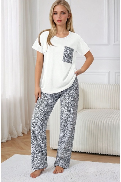 CARLA MARA Leopard Pattern Printed White Pajama Bottom Top Set