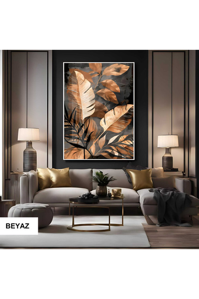 EVORA ART Koleksiyonu:ALTIN EGZOTİK YAPRAK DOKUSU Çerçeveli Temperli Tekli Cam Tablo