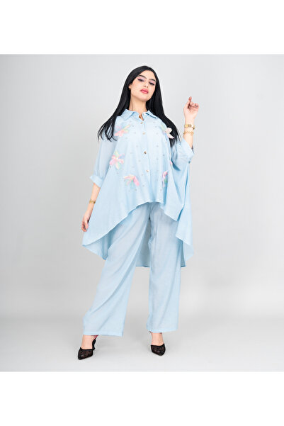 IKKXA Modern Two-Piece Outfit Oversize Shirt and Pants Crystal Embroidery Det...