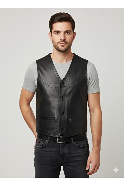 MASERTO سترة جلدية سوداء بثلاثة أزرار أمامية