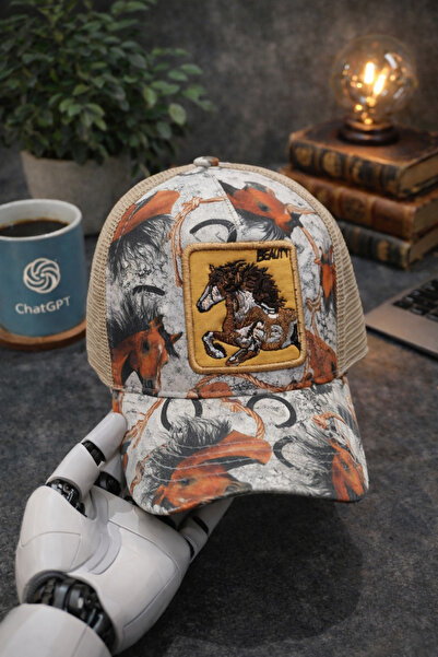 ŞIK VE MUTLU Trucker Hat with Horse Figure and Colorful Design