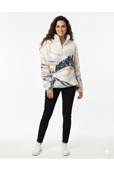 Trendalya Kadın Yarım Fermuarlı Oversize Peluş Sweatshirt