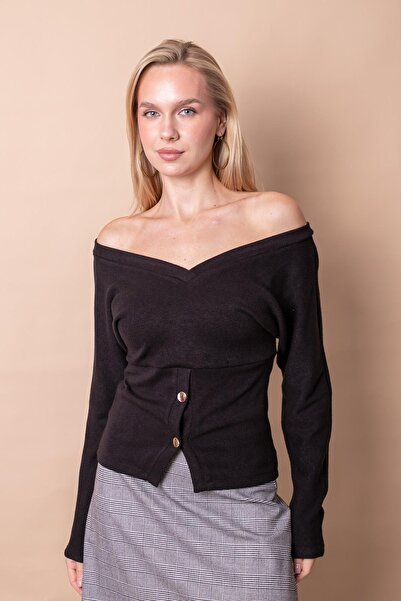 Jument Women's Knitwear Front Back V-Neck Bat Long Sleeve Buttoned Blouse -Black