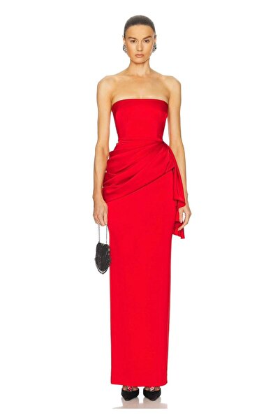 Bohai Design Kırmızı Saten Drape Detaylı Straplez Elbise