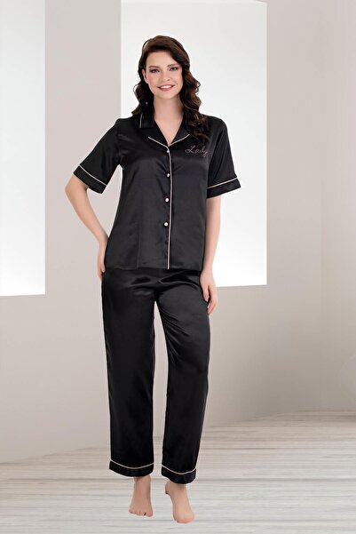 REN Women's satin solid color front button Piped short sleeve satin pajama set