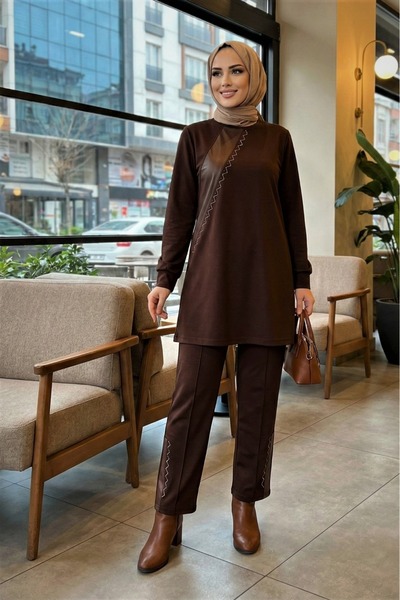 MR.MODAMİRA Kadın Pamuk Viskon Tunik Önünde Pantoon Paçada Deri ve Taş Detayl...