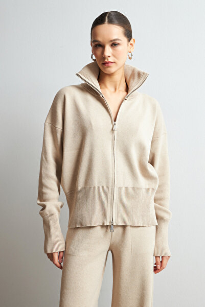 Ladima Women's Cream Double Zipper Detailed Knitwear Set