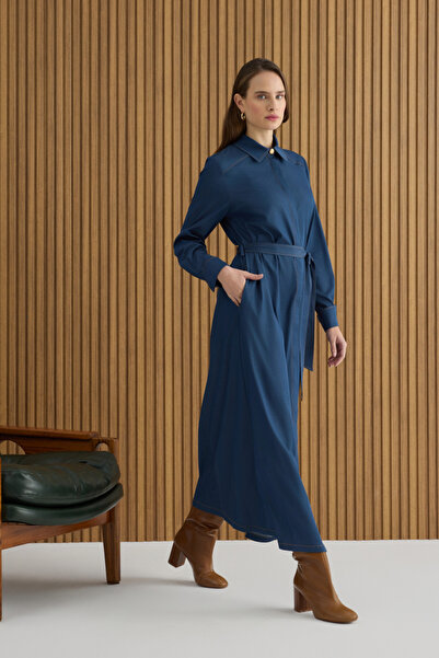 Aker İndigo Denim Görünümlü Viscon Elbise